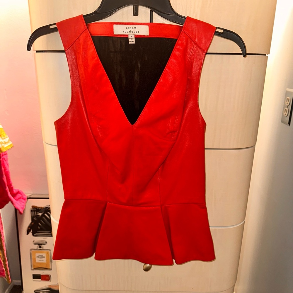 Robert Rodriguez Red Genuine Leather Sleeveless Peplum Top
